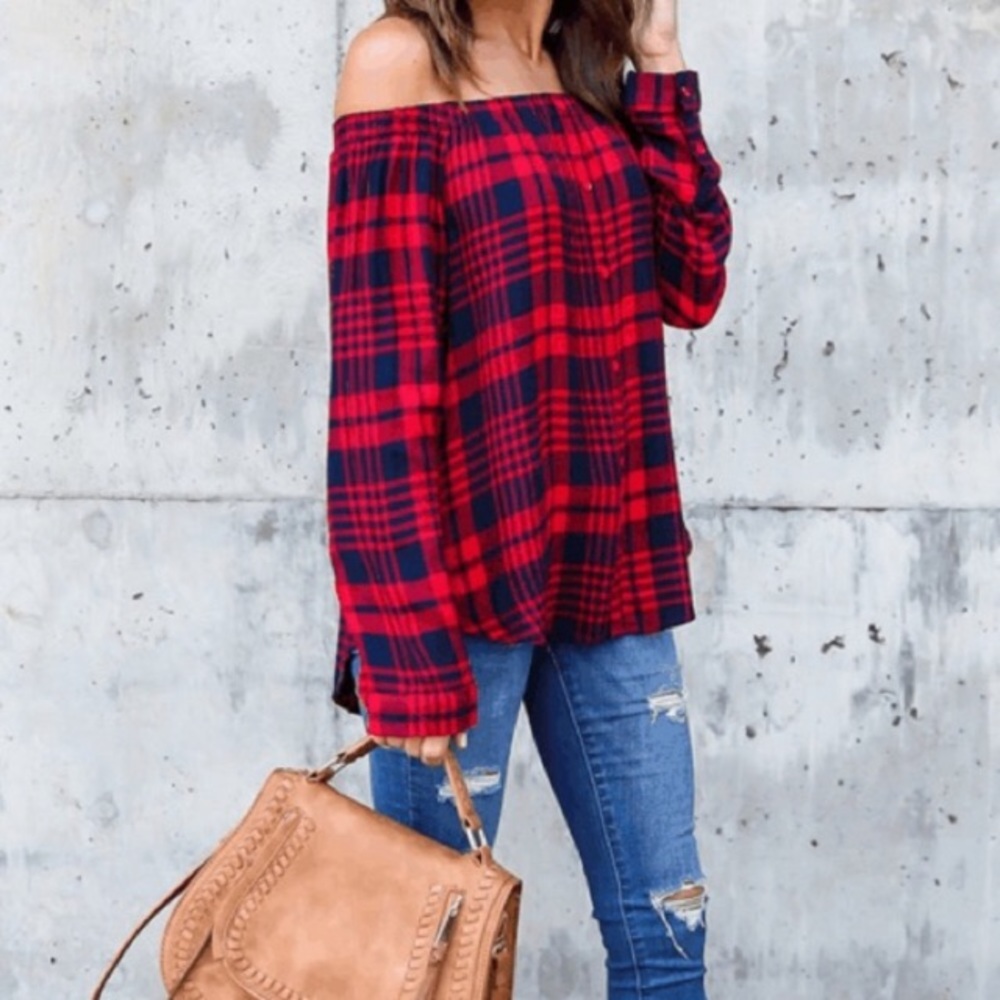 Plaid Off Shoulder Top - Picture 3 of 3